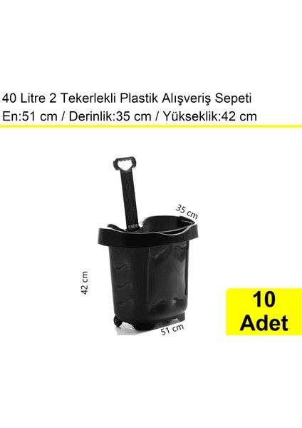 Tekerlekli Plastik Market Alışveriş El Sepeti 40 Litre Siyah 10 Adet