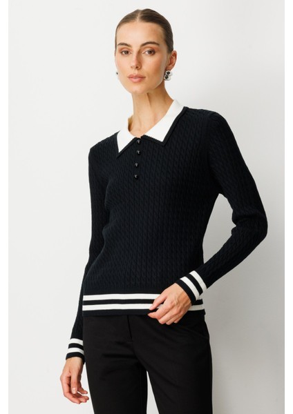 Kadın Polo Yaka Örgü Desenli Triko Kazak 65332 Siyah