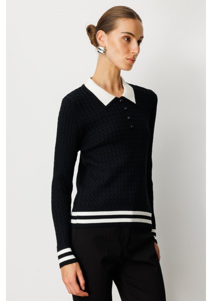 Kadın Polo Yaka Örgü Desenli Triko Kazak 65332 Siyah fiyatları