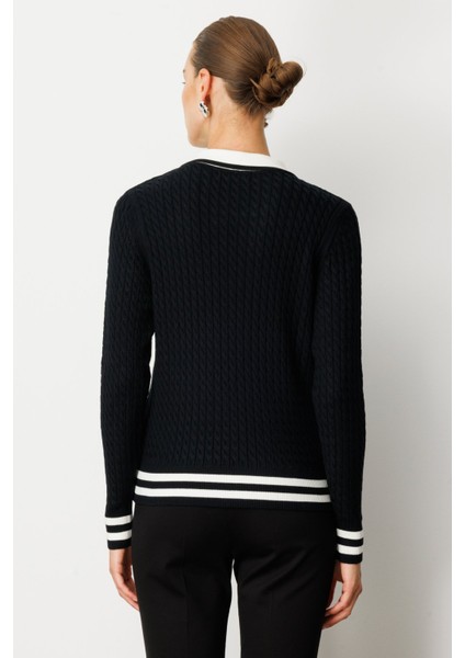 Kadın Polo Yaka Örgü Desenli Triko Kazak 65332 Siyah fırsatları