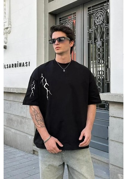 Unisex Bisiklet Yaka Baskılı Oversize T-Shirt - Siyah