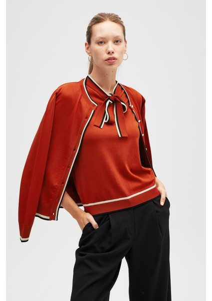 Paris, Çizgi Detaylı Kadın Triko Hırka - Kiremit modelleri