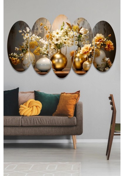 Gold Vazoda Çiçekler 5 Parça Mdf Tablo