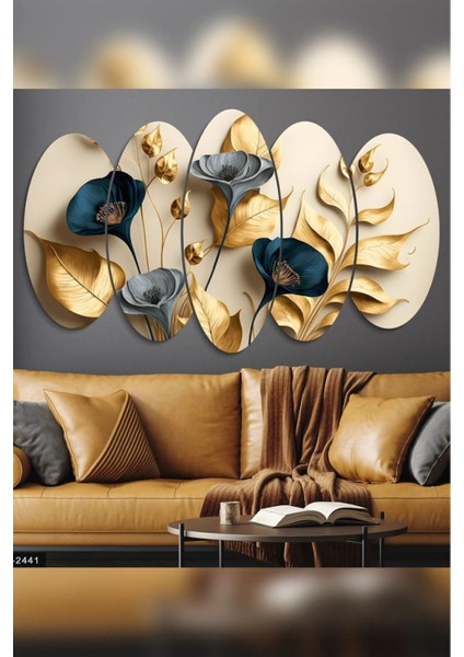 Zarif Altın ve Mavi Çiçekler ile Dallar 5 Parçalı Mdf Poster