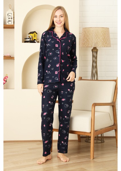 Kadın Pat Yakalı-Baskılı ve Düğme KAPAMALI-%100 Pamuk Pijama Takımı 12353