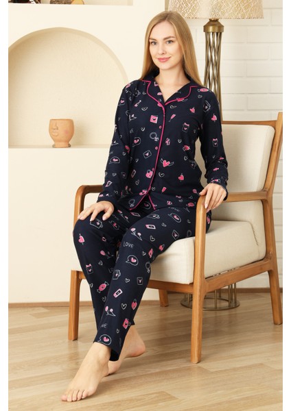 Kadın Pat Yakalı-Baskılı ve Düğme KAPAMALI-%100 Pamuk Pijama Takımı 12353 fiyatları