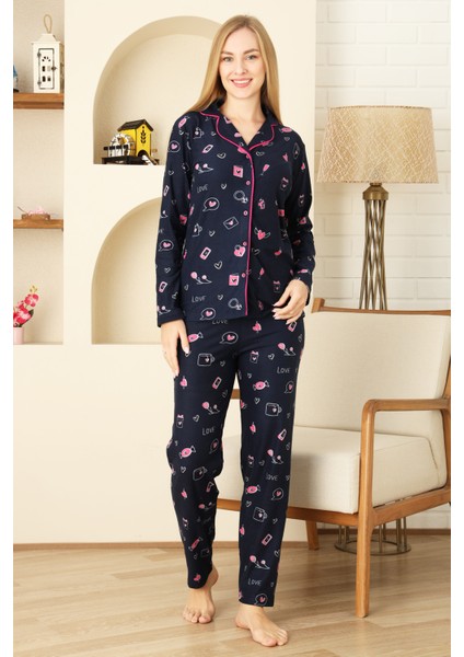 Kadın Pat Yakalı-Baskılı ve Düğme KAPAMALI-%100 Pamuk Pijama Takımı 12353 modelleri