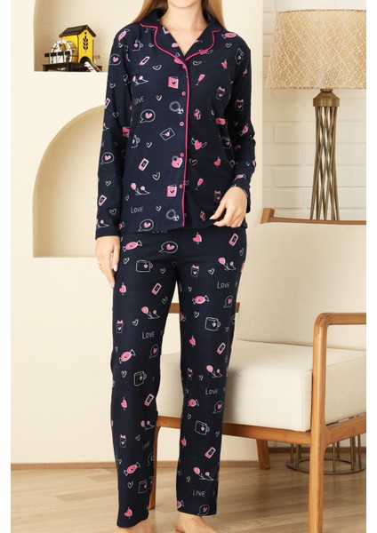 Kadın Pat Yakalı-Baskılı ve Düğme KAPAMALI-%100 Pamuk Pijama Takımı 12353 fırsatları