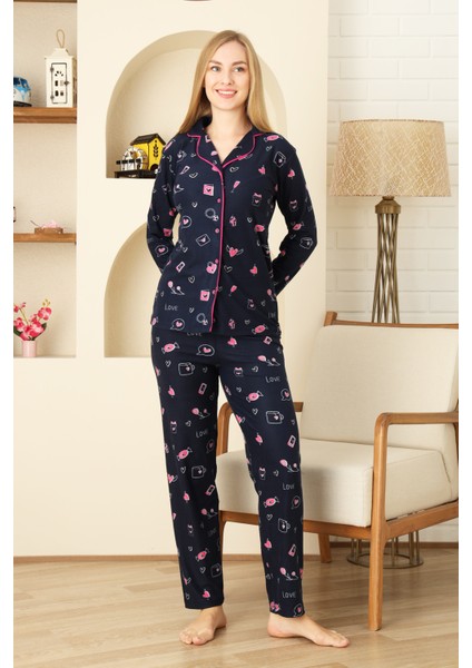 Kadın Pat Yakalı-Baskılı ve Düğme KAPAMALI-%100 Pamuk Pijama Takımı 12353 indirimleri