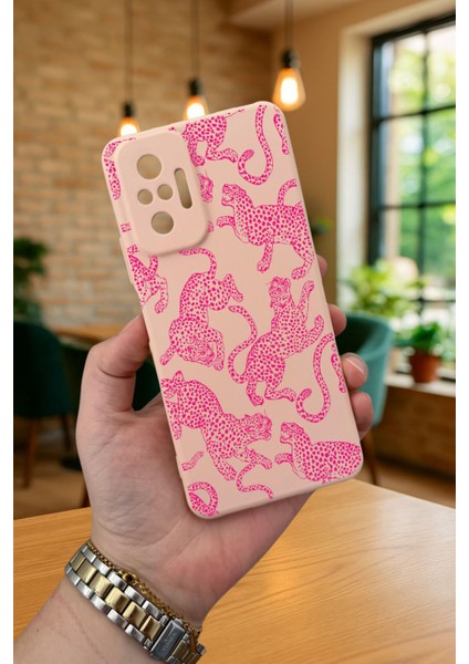 Xiaomi Redmi Note 1o Pro-Pembe Leopar Desenli Silikon Darbe Emici Klasik Korumalı Rubber Kılıf