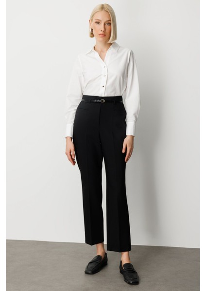 Kadın Beli Kemerli Boru Paça Pantolon 1001 Siyah