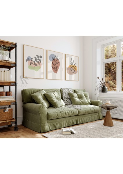 Modern Yeşillik Boho Soyut Çerçeve Görünümlü 3'lü Set Mdf Poster