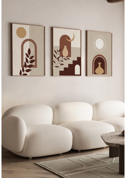 Doğanın Kahve Modu Geometrik Soyut Tasarım 3'lü Set Mdf Poster