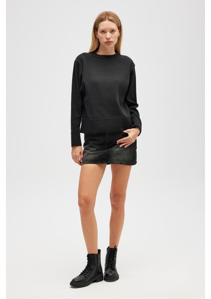 Risu, Düz Örgü Kadın Mevsimlik Triko Bisiklet Yaka Kazak - Siyah fırsatları