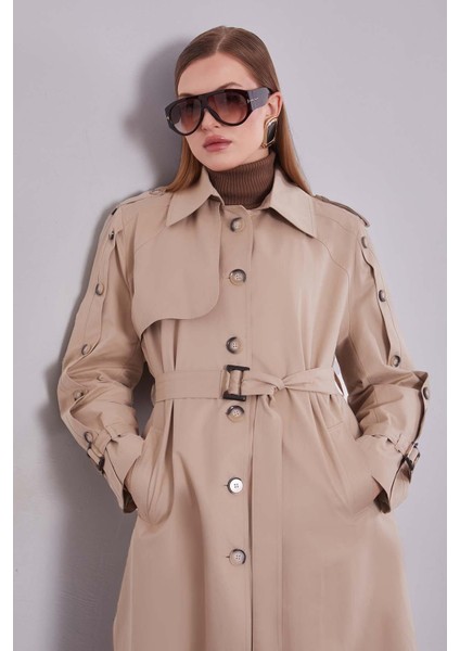 Bej Kol Düğme Detaylı Trençkot fiyatları
