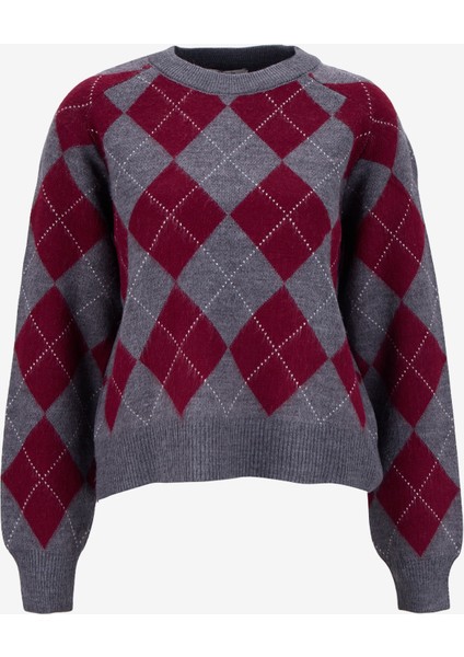 Bisiklet Yaka Basic Baklava Desenli Bordo - Gri Kadın Kazak PBF5WL-KZK9563