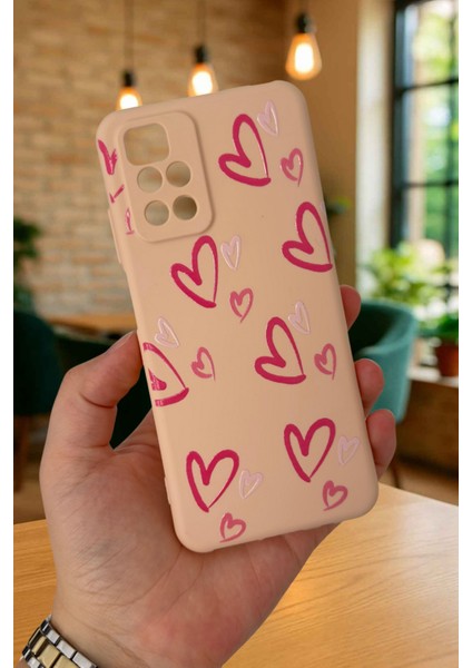 Xiaomi Redmi 10 2022 Pembe Kalp Desenli Silikon Darbe Emici Klasik Korumalı Rubber Kılıf