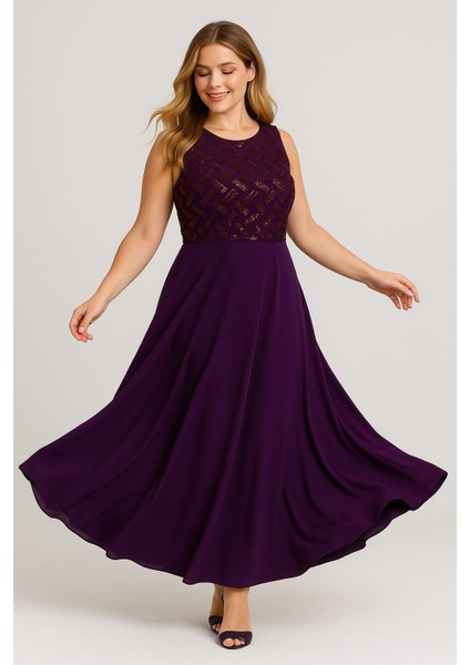 Kadın Büyük Beden Mürdüm, Payet Detaylı Elbise 65N37955