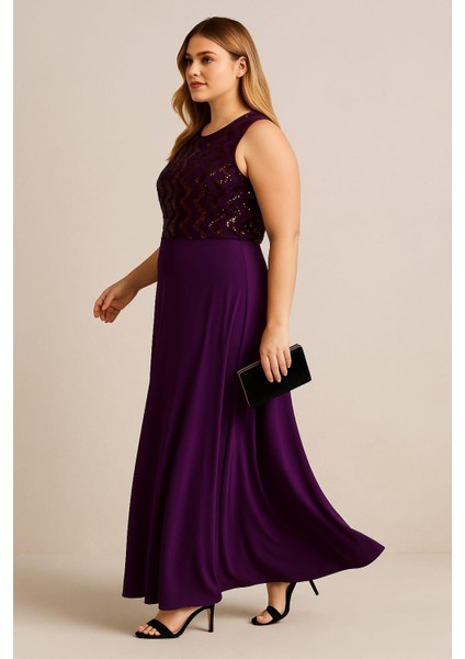 Kadın Büyük Beden Mürdüm, Payet Detaylı Elbise 65N37955 fiyatları