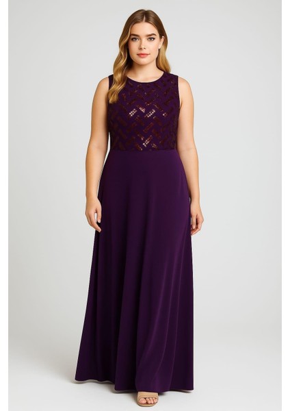 Kadın Büyük Beden Mürdüm, Payet Detaylı Elbise 65N37955 modelleri