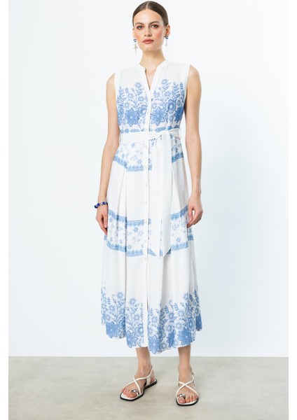 Kolsuz Midi Nakışlı Elbise - Minimalist Vintage Tarz