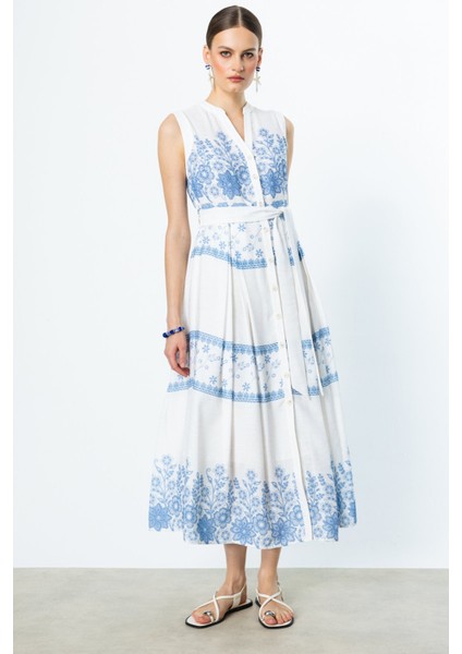 Kolsuz Midi Nakışlı Elbise - Minimalist Vintage Tarz fiyatları