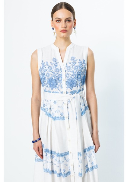 Kolsuz Midi Nakışlı Elbise - Minimalist Vintage Tarz modelleri