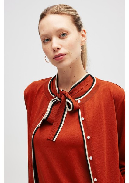 Paris, Çizgi Detaylı Kadın Triko Hırka - Kiremit indirimleri