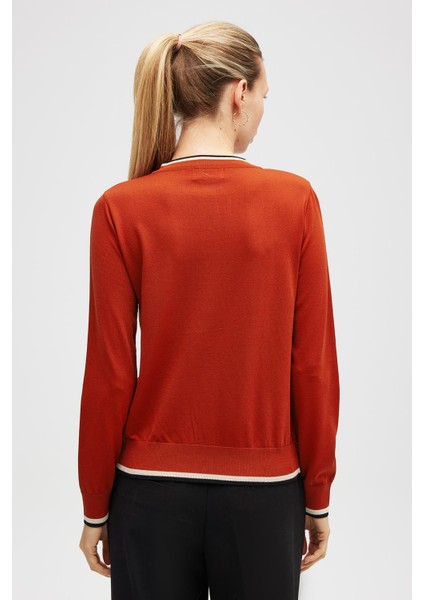 Paris, Çizgi Detaylı Kadın Triko Hırka - Kiremit