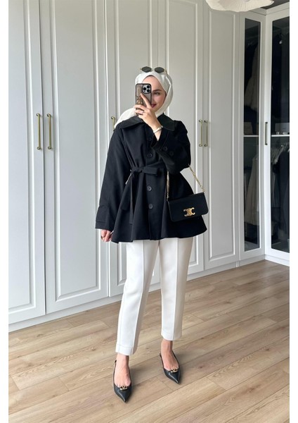 9342 Yakası Deri Garnili Altı Düğmeli Kuşaklı Trençkot