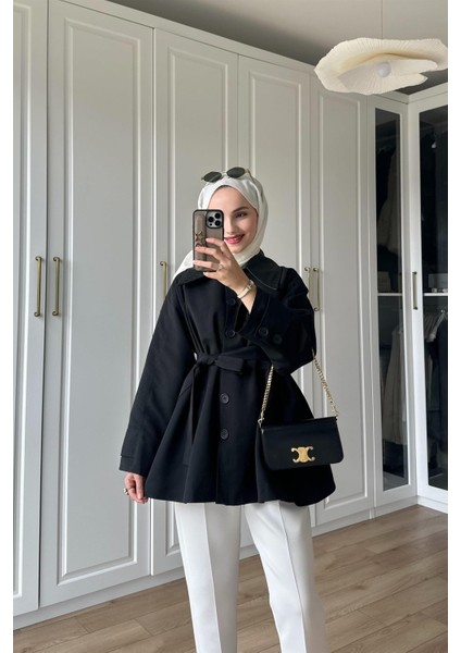 9342 Yakası Deri Garnili Altı Düğmeli Kuşaklı Trençkot fiyatları