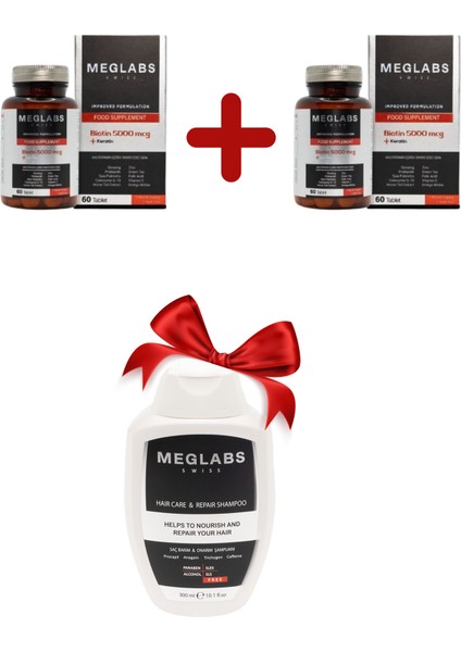 2 Adet Meglab's Hair Multivitamin (300 ml Bakım Onarım Şampuan Hediyeli)