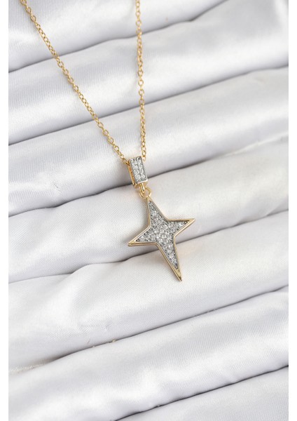 316L Çelik Zincir Gold Renk Kutup Yıldızı Model Zirkon Taşlı Kadın Kolye - TJ-BKO10610