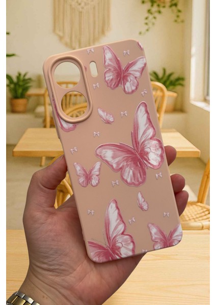 Redmi 13C-PEMBE Kelebek Desenli Lansman Kamera Korumalı Yumuşak Silikon Rubber Kılıf
