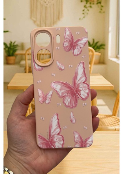 Redmi 13C-PEMBE Kelebek Desenli Lansman Kamera Korumalı Yumuşak Silikon Rubber Kılıf fiyatları