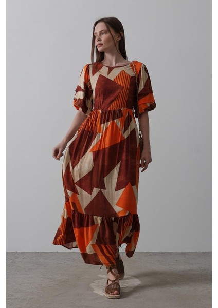 Desenli Balon Kol Kloş Elbise - Kahve fiyatları