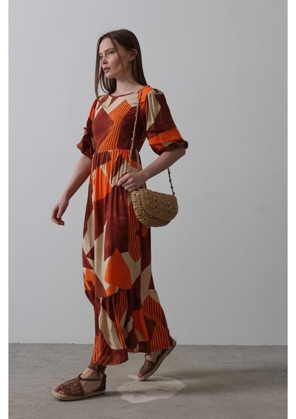 Desenli Balon Kol Kloş Elbise - Kahve modelleri