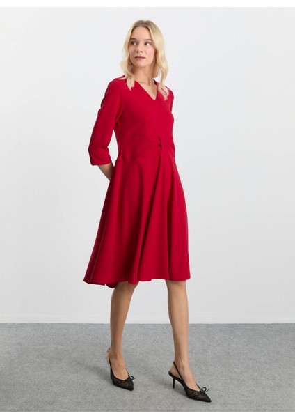 V Yaka Düz Kırmızı Standart Kadın Elbise 25KSL7709