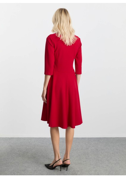 V Yaka Düz Kırmızı Standart Kadın Elbise 25KSL7709 modelleri