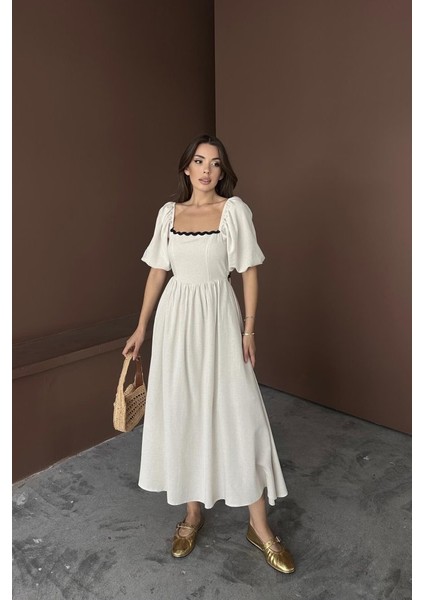 Bej Arkası Bağlamalı Keten Elbise fiyatları