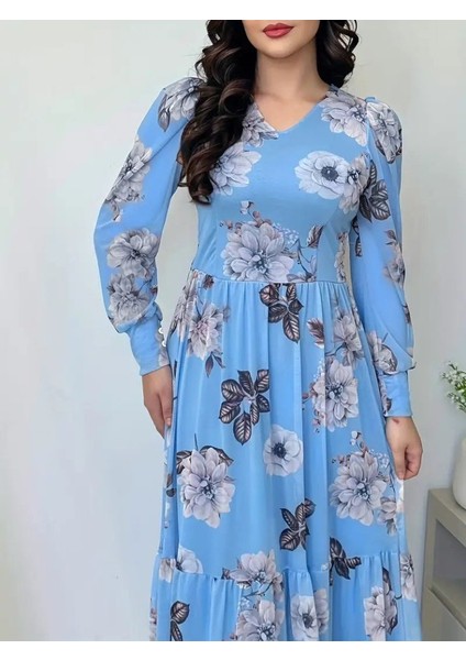 Kadın Uzun Kollu V Yakalı Çiçek Desenli Maxi Süprem Elbise modelleri