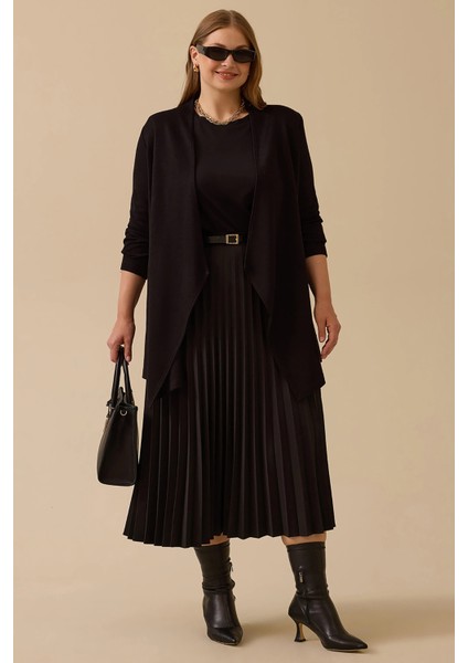 Kadın Büyük Beden Asimetrik Kesim Triko Hırka 4004 Siyah