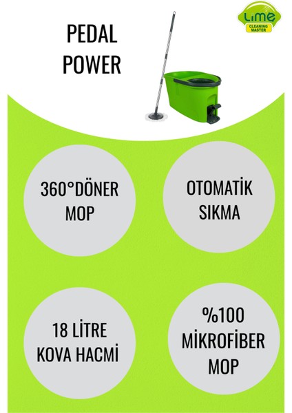 Pedal Power Mikrofiber Bezli Temizlik Seti - 360°DÖNER Başlıklı Pedallı Kova Mop - Üretici Garantili modelleri