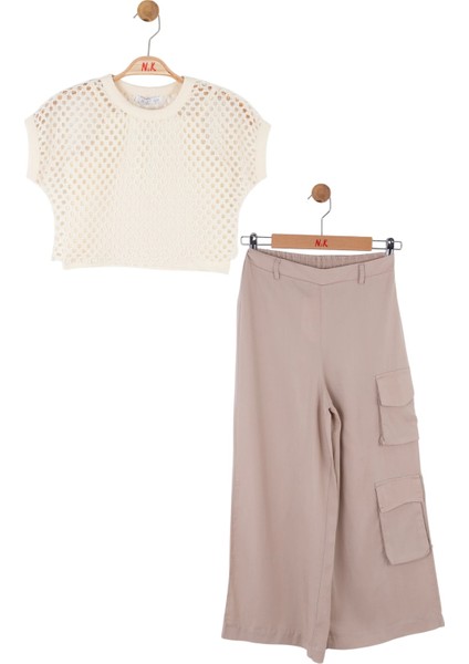 08-14 Yaş Kız Çocuk Vizon-Krem Pantolon-File Bluz Takım - Vizon-Krem