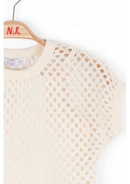 08-14 Yaş Kız Çocuk Vizon-Krem Pantolon-File Bluz Takım - Vizon-Krem fırsatları