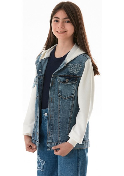 Yazı Nakışlı Kolu ve Kapüşonu Penye Kız Çocuk Ceket