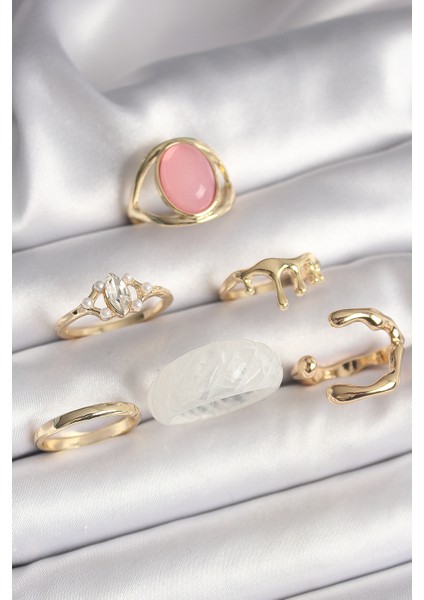 bulurum pirinç gold renk zirkon taş detaylı pembe mineli 6'lı kadın yüzük seti