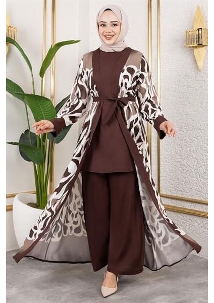 Desenli Üçlü Viskon Takım Kahverengi̇ - 44