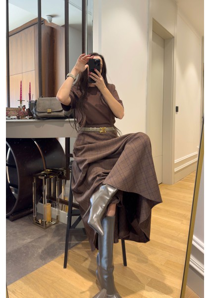 Ekose Desen Verevli Etek- Kahverengi modelleri