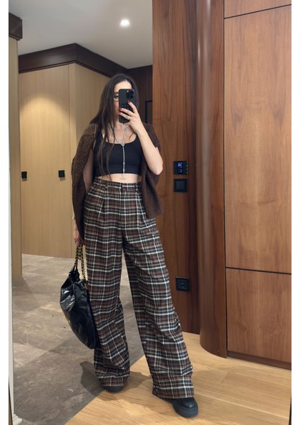 Ekose Desen Palazzo Pantolon- Kahverengi fiyatları